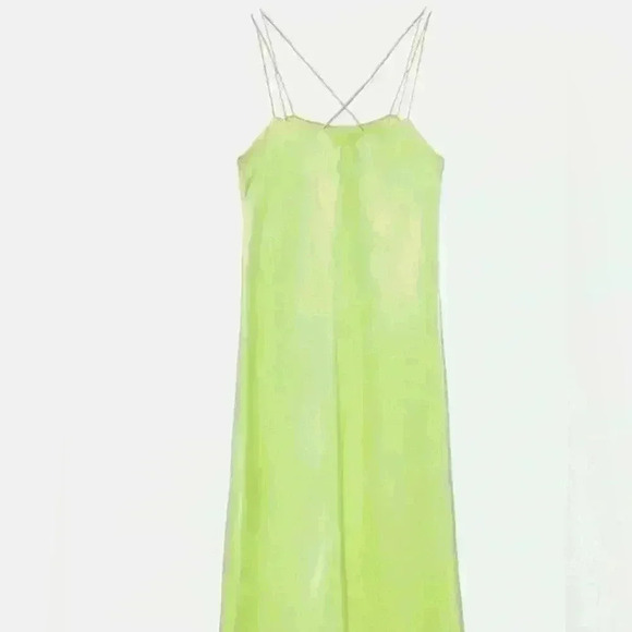 ZARA lime green satin Spaghetti straps cross at back  long dress size XS - Picture 6 of 7